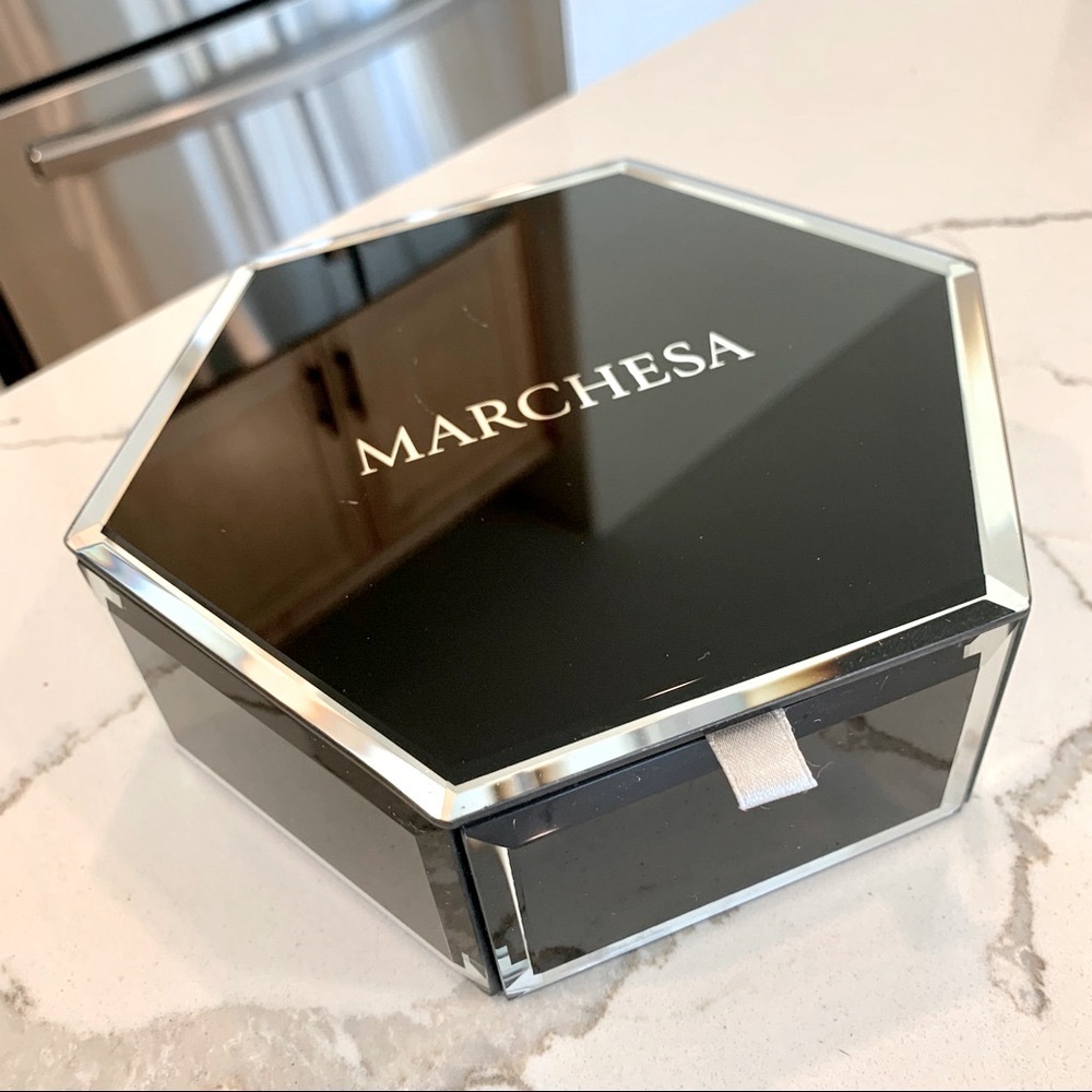 🖤 Marchesa Black Hexagon Mirrored Glass Velvet-Lined Jewelry Vanity Trinket Box